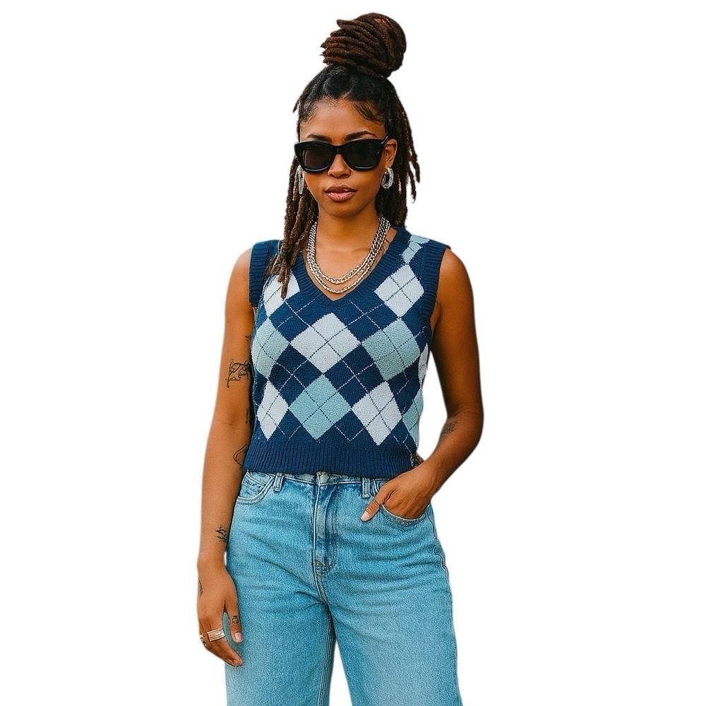 Hollister Large Crop Blue Argyle Sweater Vest Preppy Trendy Office Streetwear